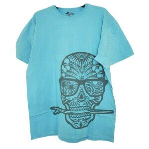 RFBF Large Supershrunk 100% Cotton Skull & Surfboard Teal Faded T-Shirt